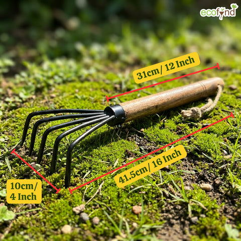 ecofynd Ecofynd Heavy Duty 5 Teeth Garden Rake with Wooden Handle Hand Cultivator