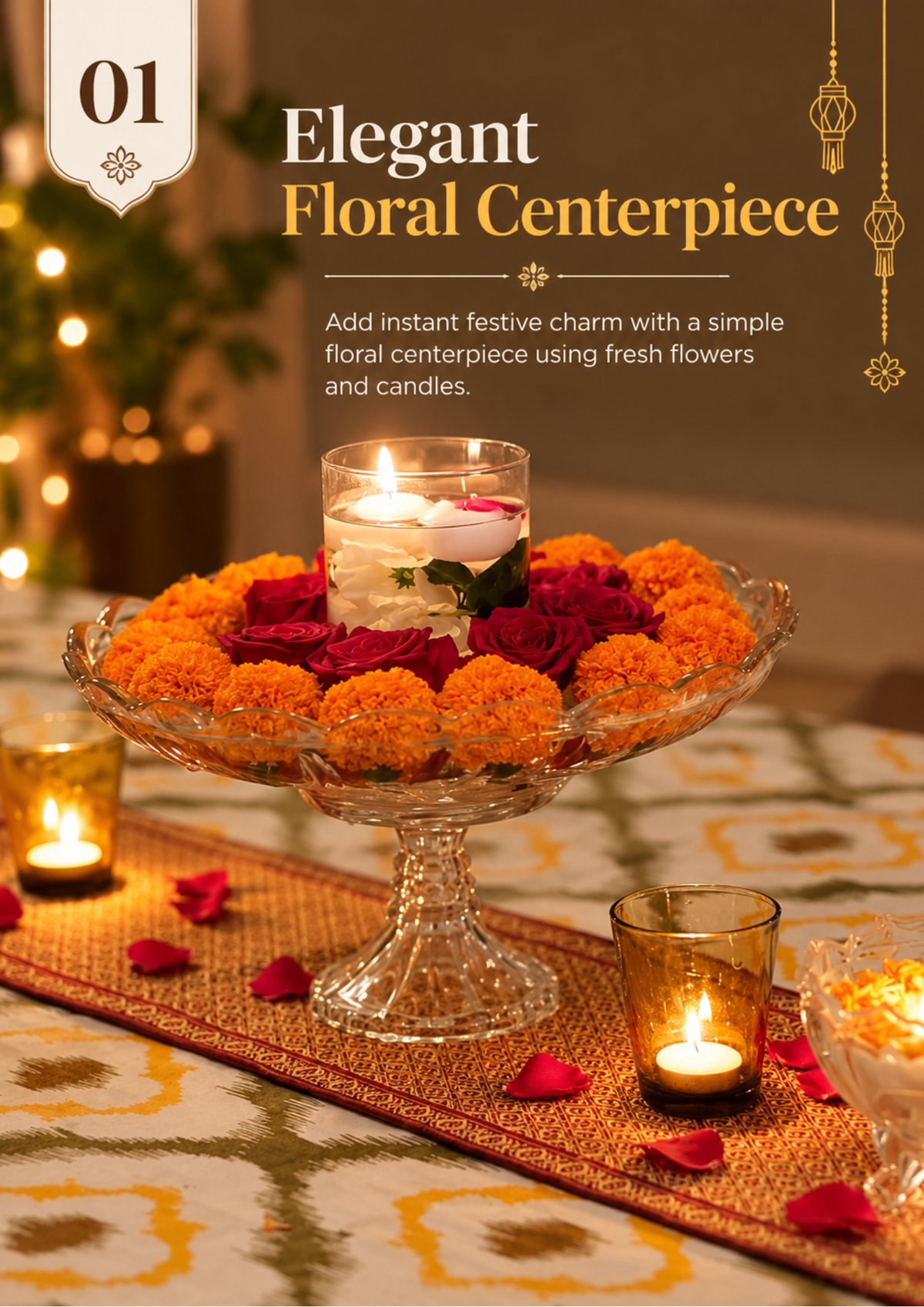 Elegant floral centerpiece idea with marigolds, red roses and a floating candle on a glass cake stand