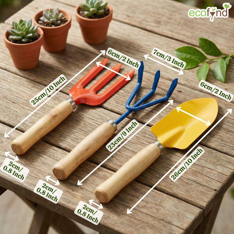 ecofynd 3 Pcs Gardening Hand Tools Set (Cultivator, Trowel, Fork with Wooden Handle)