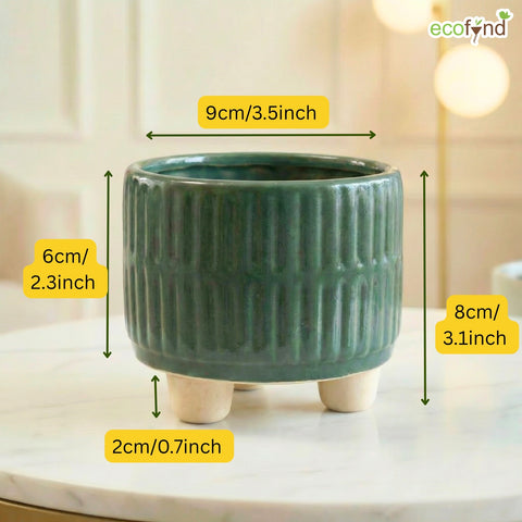 ecofynd Ecofynd Dark Green 3.5 Inch Ribbed Ceramic Cachepot Planter with Drainage Hole