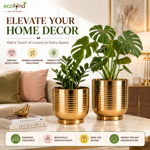 ecofynd Set of 2 Halo Ribbed Metal Planter in Symmetrical Design