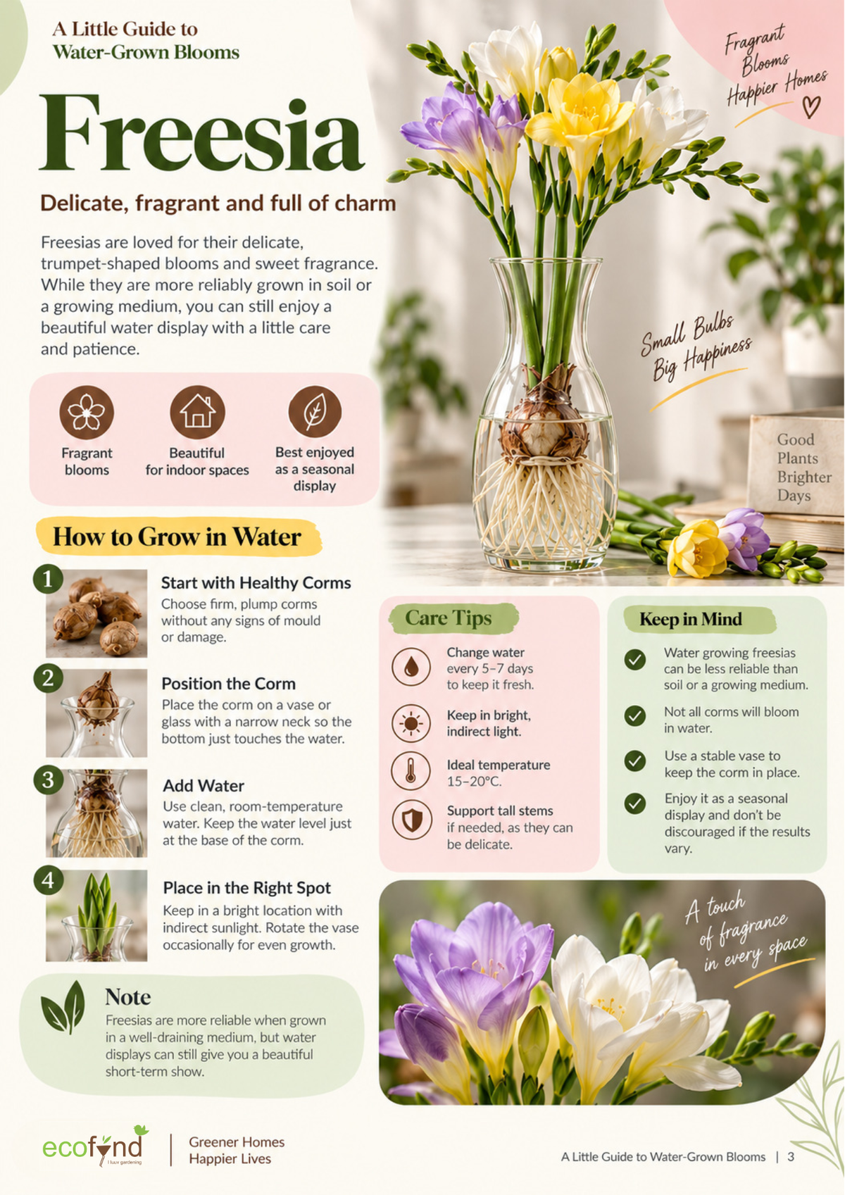 Ecofynd guide on growing Freesia corms in water, covering healthy corm selection, positioning and care tips