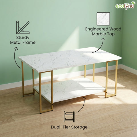 ecofynd Ecofynd 39 Inch White & Gold 2-Tier Center Table for Living Rooms