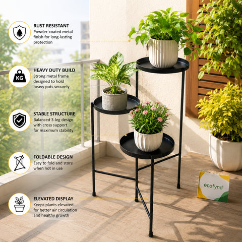 ecofynd Ecofynd Troy 3-Tier Foldable Metal Plant Stand for Balcony & Garden (Black)