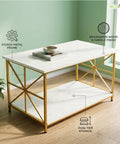 ecofynd Ecofynd 35 Inch White & Gold 2-Tier Center Table for Modern Living Rooms