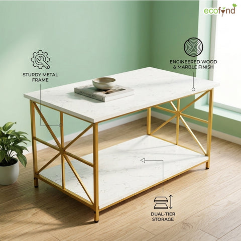 ecofynd Ecofynd 35 Inch White & Gold 2-Tier Center Table for Modern Living Rooms