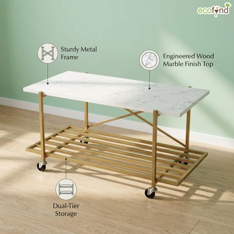ecofynd Modern 2-Tier Centre Table (35 Inch, White & Gold Metal Frame)