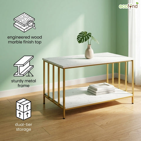 ecofynd Ecofynd 35 Inch White & Gold 2-Tier Center Table for Minmalist Living Rooms
