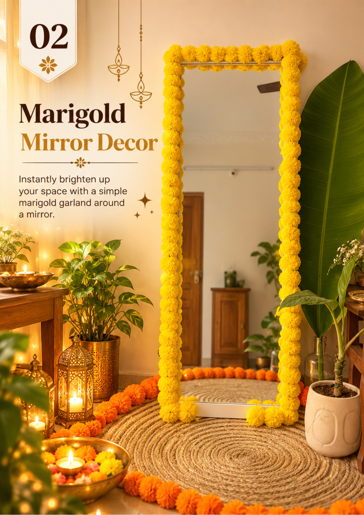 Marigold mirror decor idea with a yellow marigold garland framing a tall mirror, surrounded by plants and lanterns