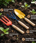 ecofynd 3 Pcs Gardening Hand Tools Set (Cultivator, Trowel, Fork with Wooden Handle)