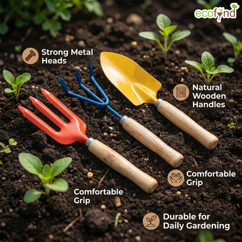 ecofynd 3 Pcs Gardening Hand Tools Set (Cultivator, Trowel, Fork with Wooden Handle)
