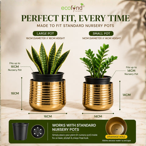 ecofynd Premium Golden Metal Planter – Set of 2, Spiral Design