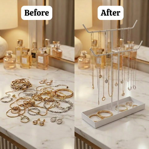 ecofynd Ecofynd 2-Tier Jewelry Hanger Stand with Storage Tray (White)
