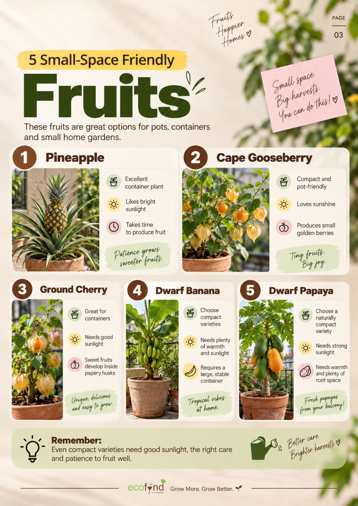 Ecofynd guide featuring 5 small-space friendly fruits: Pineapple, Cape Gooseberry, Ground Cherry, Dwarf Banana and Dwarf Papaya