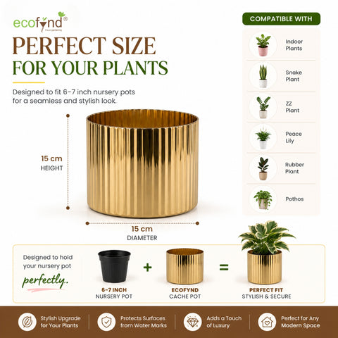 ecofynd 6 Inch Ribbed Metal Pedestal Planter – Gold Finish