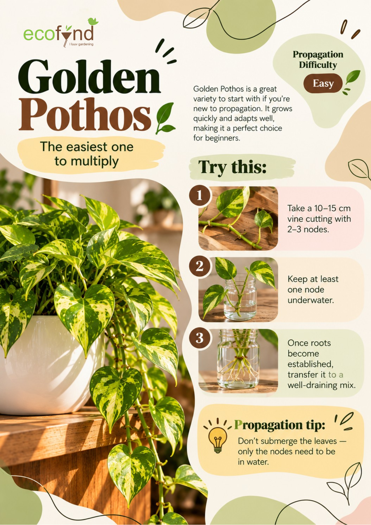 Ecofynd guide on propagating Golden Pothos in water, an easy beginner-friendly variety