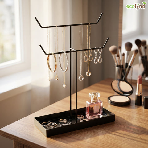 ecofynd Ecofynd 2-Tier Jewelry Hanger Stand with Storage Tray (Black)