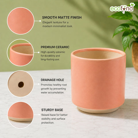 ecofynd Ecofynd 6 Inch Peach Ceramic Cachepot Planter with Drainage