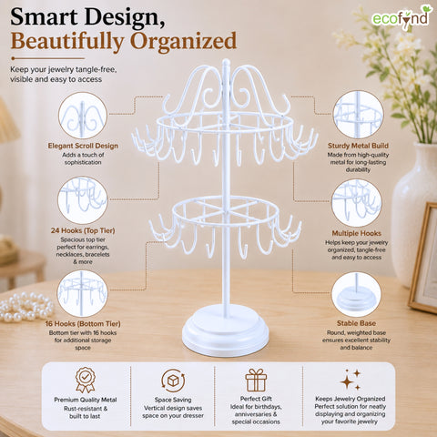 ecofynd 2-Tier White Metal Jewelry Organizer Stand with 40 Hooks