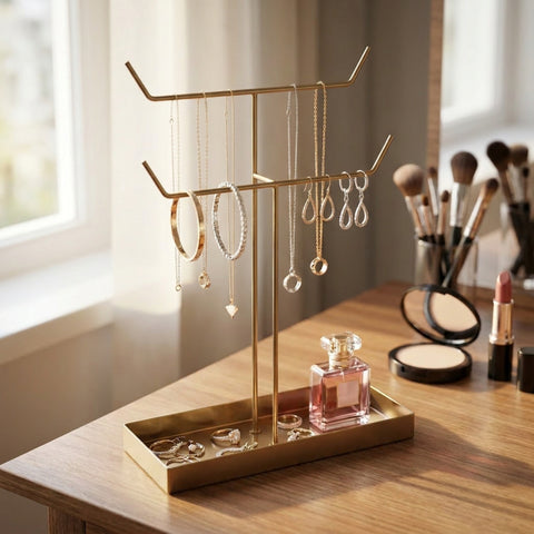 ecofynd Ecofynd 2-Tier Jewelry Hanger Stand with Storage Tray (Golden)