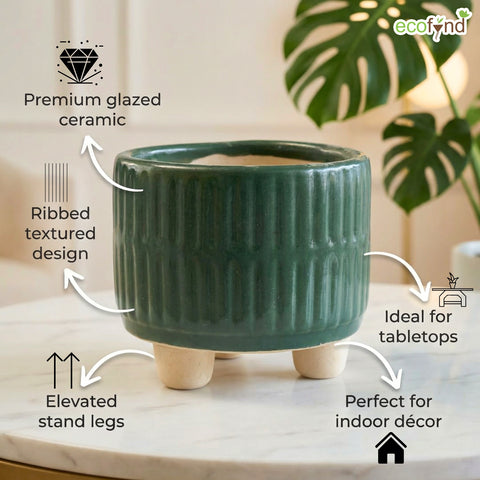 ecofynd Ecofynd Dark Green 3.5 Inch Ribbed Ceramic Cachepot Planter with Drainage Hole
