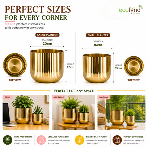 ecofynd Set of 2 Linea Patterned Golden Groove Planter – Gold Finish