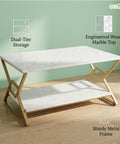 ecofynd 35 Inch MarbleAura 2-Tier Gold Frame Center Table for Modern Living Rooms