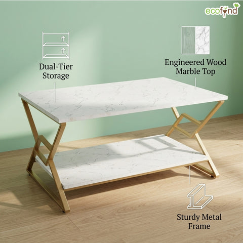 ecofynd 35 Inch MarbleAura 2-Tier Gold Frame Center Table for Modern Living Rooms