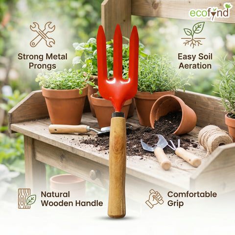 ecofynd Small Hand Fork with Wooden Handle – 25 × 6 cm Rust-Resistant Garden Tool