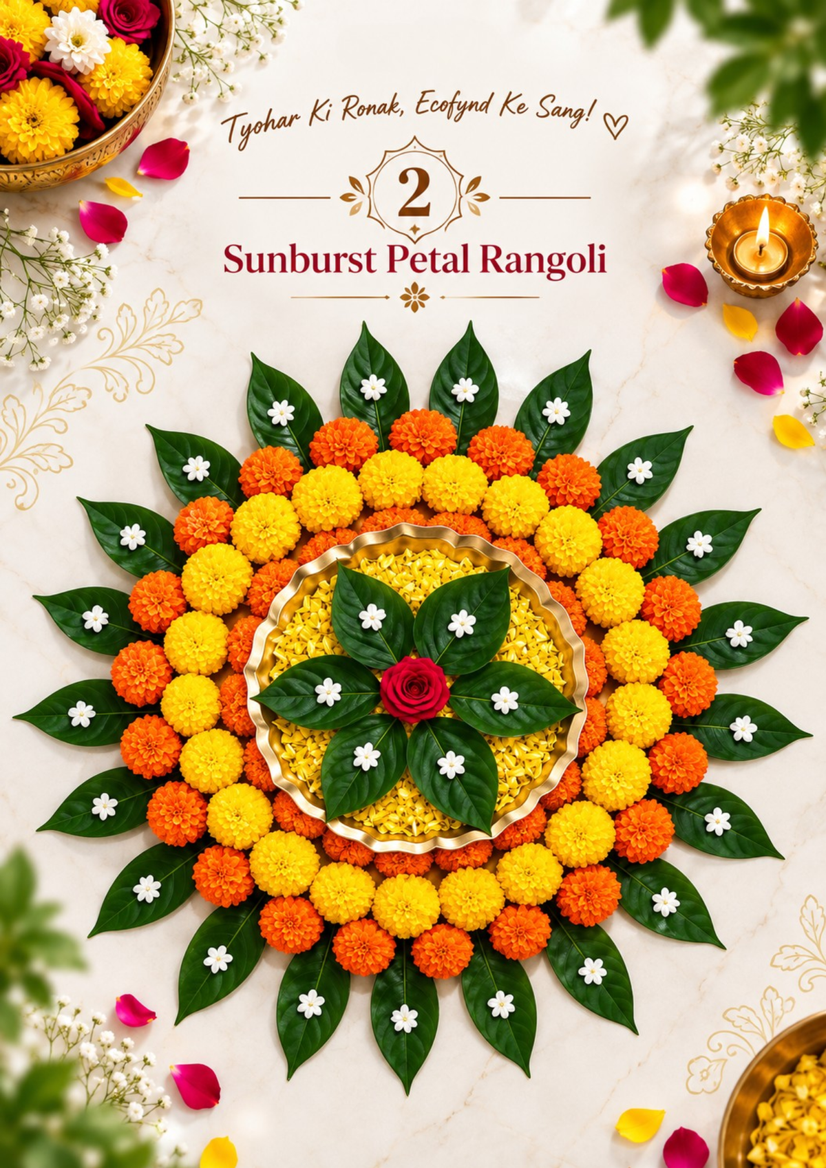 Sunburst Petal Rangoli made with orange and yellow marigolds, green leaves and jasmine flowers around a brass plate