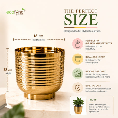 ecofynd Halo Ribbed 7 Inch Planter - Gold Finish Symmetrical Design