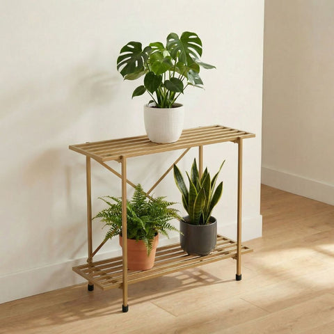 ecofynd Eric Jr Metal Golden Plant Stand – 2 Tier Utility Display for Home & Garden