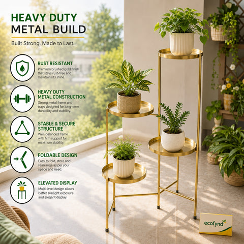 ecofynd Ecofynd Kian 4-Tier Foldable Metal Plant Stand for Balcony & Garden (Golden)