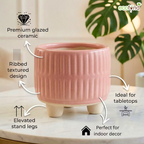 ecofynd Ecofynd Pink 3.5 Inch Ribbed Ceramic Cachepot Planter with Drainage Hole