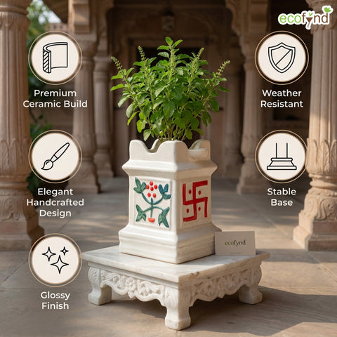 ecofynd Ecofynd 12 Inch Ceramic Tulsi Planter with Diya Holder Ivory