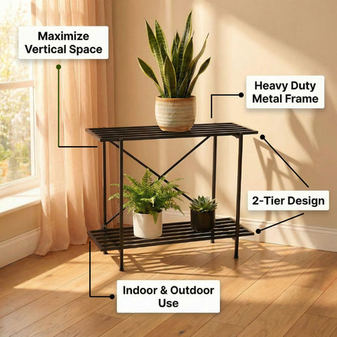 ecofynd Eric Jr Metal Black Plant Stand – 2 Tier Utility Display for Home & Garden
