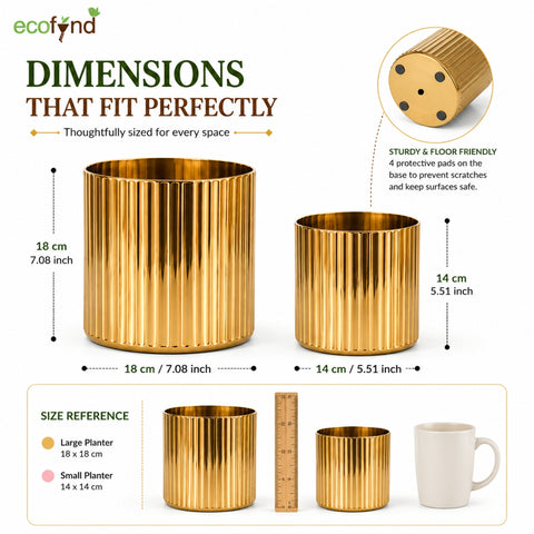 ecofynd Set of 2 Ribbed Metal Pedestal Planter – Gold Finish