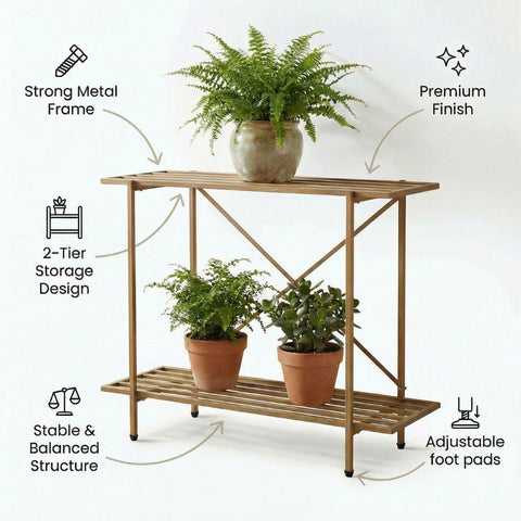 ecofynd Adam Metal Golden Plant Stand – 2 Tier Utility Display for Home & Garden