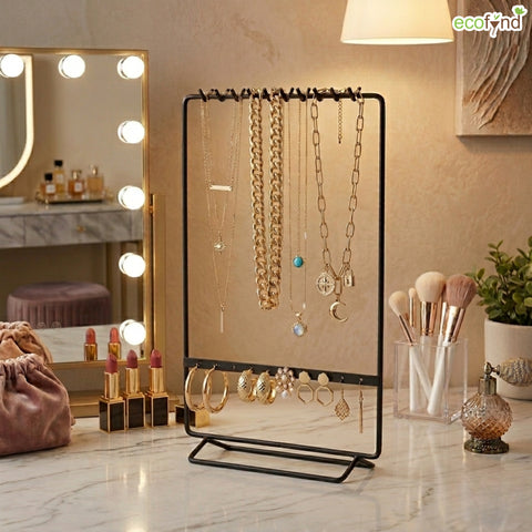 ecofynd Ecofynd 2-Tier Black Metal Jewelry Organizer Stand with 11 Hooks & 10 Earring Holes
