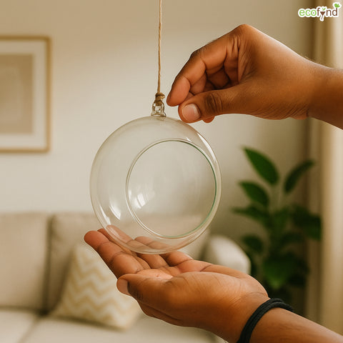ecofynd Hanging Glass Planter – Cut Sphere Design | Clear Transparent Glass, Small