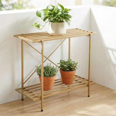 ecofynd Adam Metal Golden Plant Stand – 2 Tier Utility Display for Home & Garden