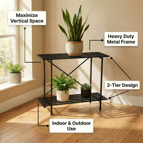 ecofynd Eric Jr Metal Black Plant Stand – 2 Tier Utility Display for Home & Garden