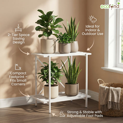 ecofynd Eric Jr Metal White Plant Stand – 2 Tier Utility Display for Home & Garden