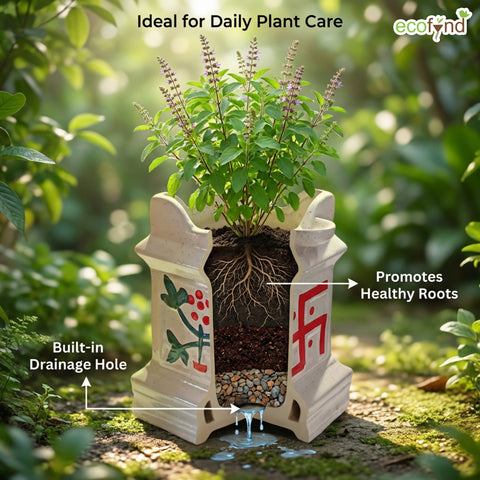 ecofynd Ecofynd 10 Inch Ceramic Tulsi Planter with Diya Holder Ivory