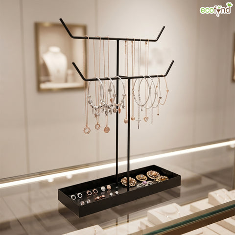 ecofynd Ecofynd 2-Tier Jewelry Hanger Stand with Storage Tray (Black)