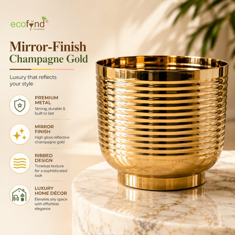 ecofynd Halo Ribbed 7 Inch Planter - Gold Finish Symmetrical Design