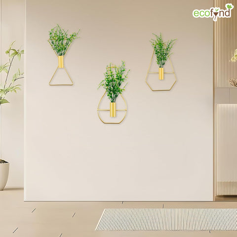 gold geometric hanging planter Modern Wall Hanging Planter Set – 3 Geometric Designs (Gold Metal) – Ecofynd