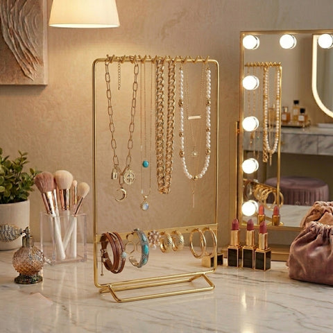 ecofynd Ecofynd 2-Tier Golden Metal Jewelry Organizer Stand with 11 Hooks & 10 Earring Holes