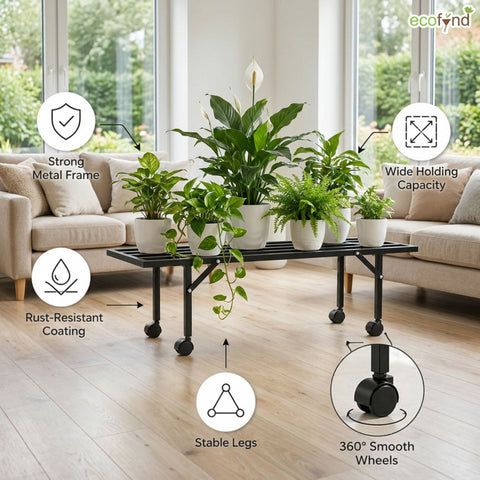 ecofynd Scot 35 Inch Plant Stand with Wheels for Balcony (Black)