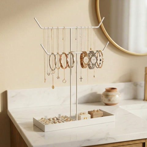 ecofynd Ecofynd 2-Tier Jewelry Hanger Stand with Storage Tray (White)